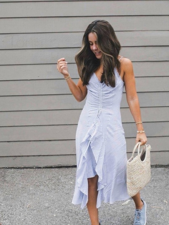 Dresses & Skirts - current/elliott ocean walk tiered ruffle hem dress in summer stripe blue, Size M